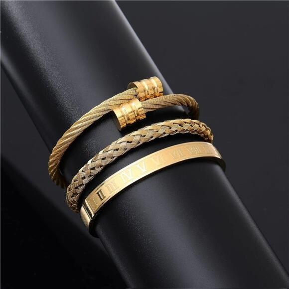 Mens Stainless Steel Bracelet Set Gold Roman Numeral Cuff Twisted Bangle Jewelry - Picture 5 of 7